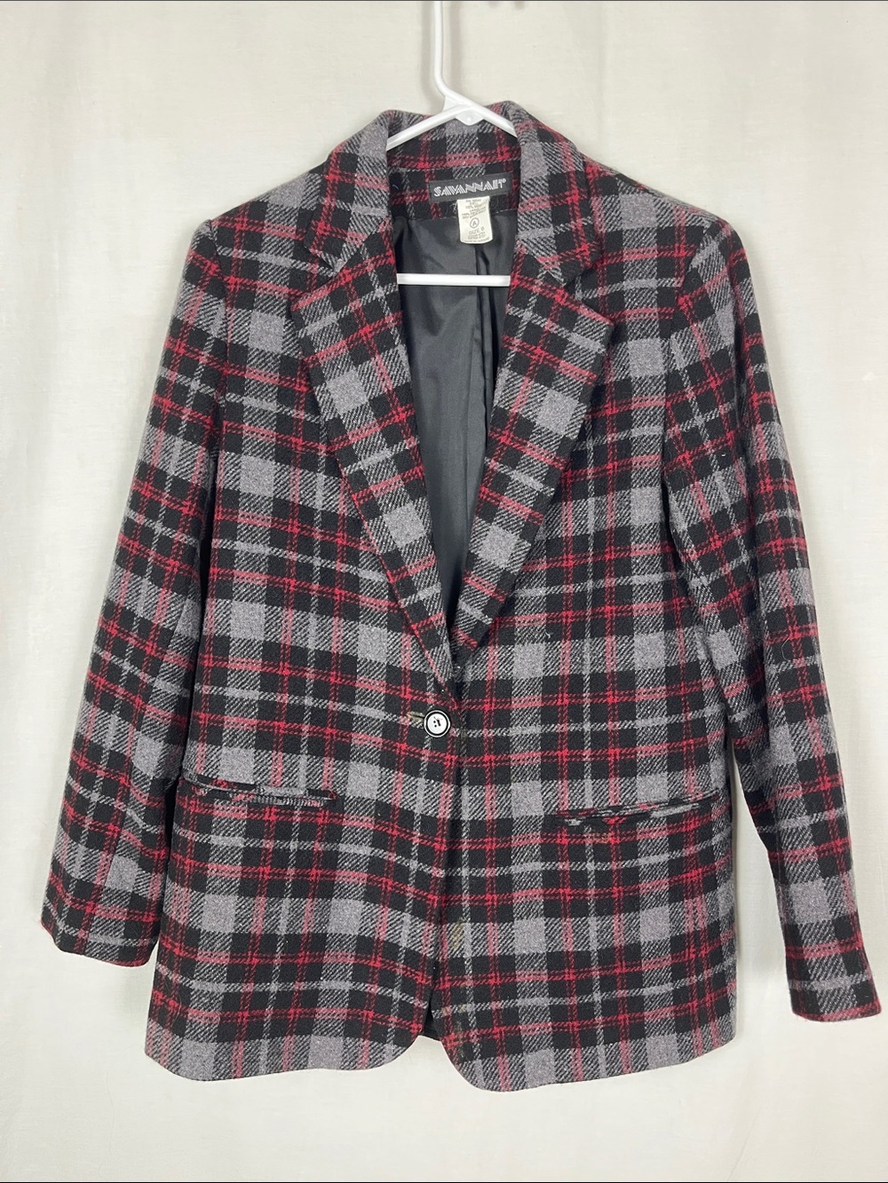 VTG 80s Savannah Black and Red Plaid 100% Wool Button Up Blazer